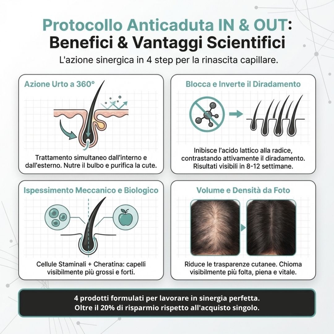 Bundle Anticaduta Completo IN & OUT: Lozione, Shampoo, Balsamo e Integratore