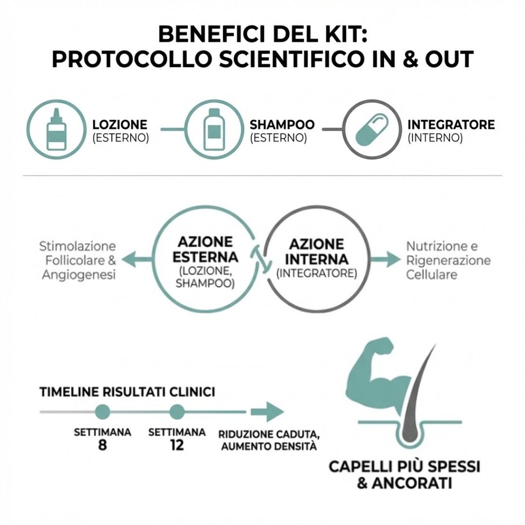 Bundle Anticaduta Capelli IN & OUT per Uomo e Donna: Lozione, Shampoo e Integratore